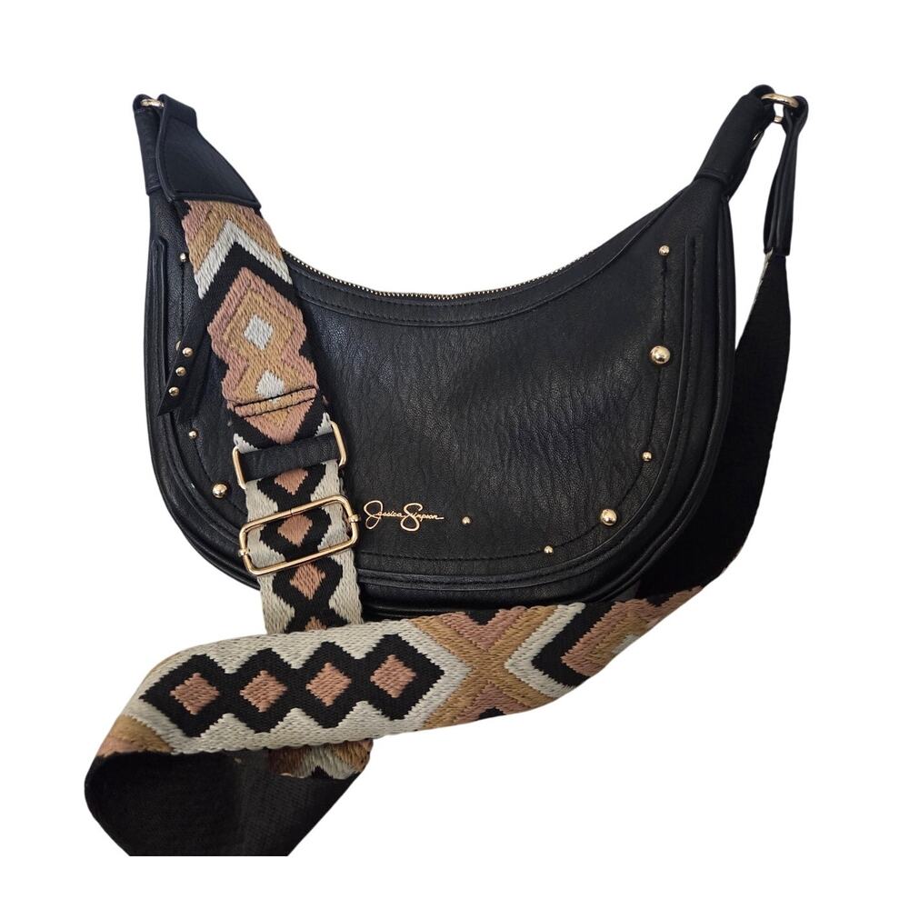 Jessica Simpson Boho Crossbody Southwestern Black Silver Stud Aztec Saddle